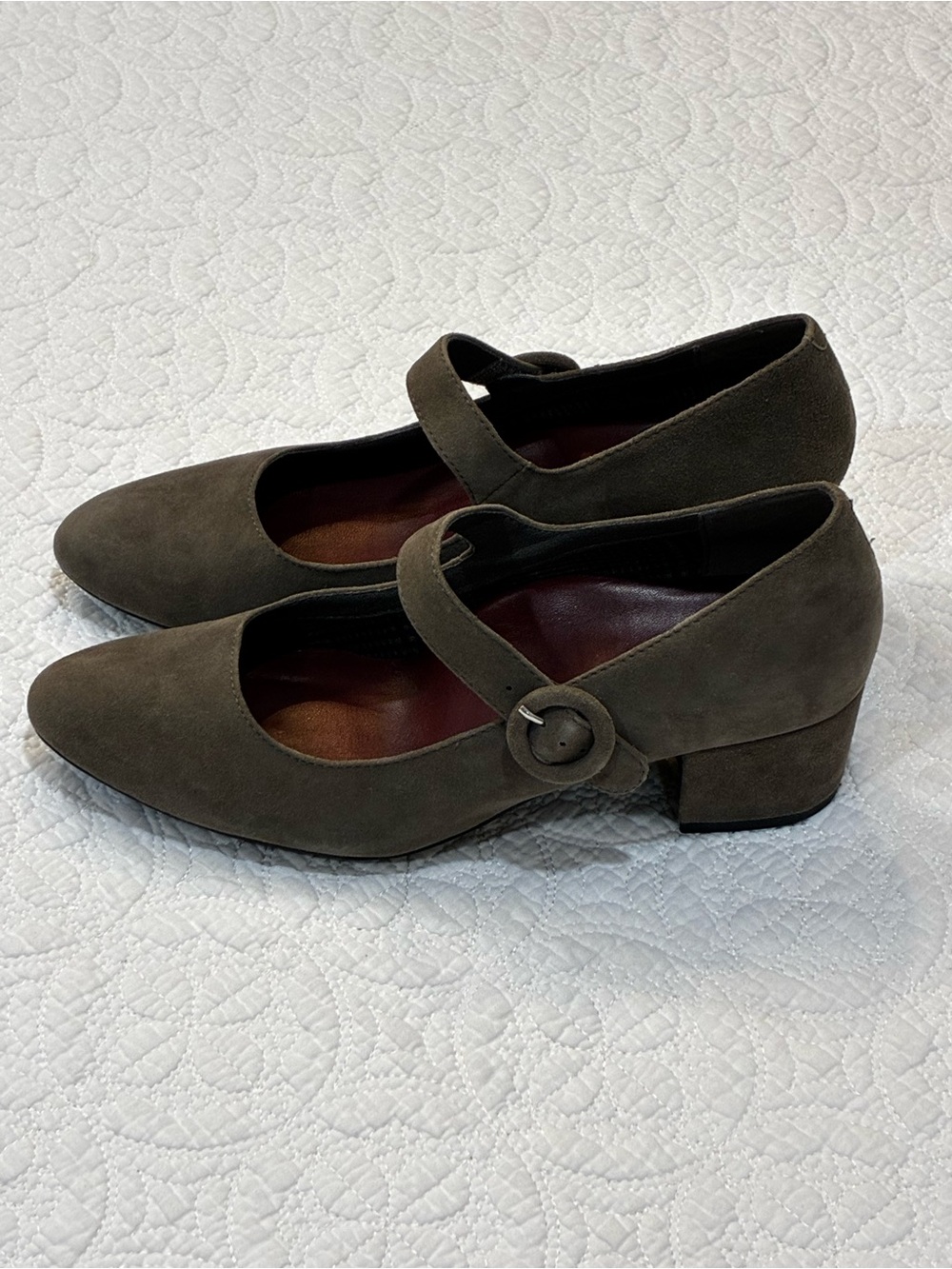 ABEO Biosystem Leticia Suede Mary Jane Pumps Block Heel Grey Brown Taupe 8N